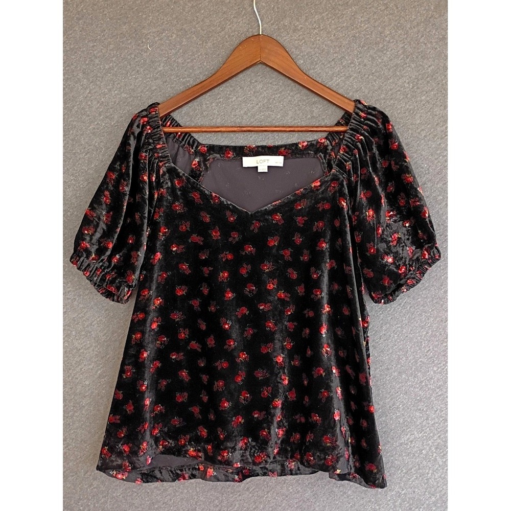 LOFT Black Red Floral Velvet Sweetheart Puff Sleeve Blouse XLP